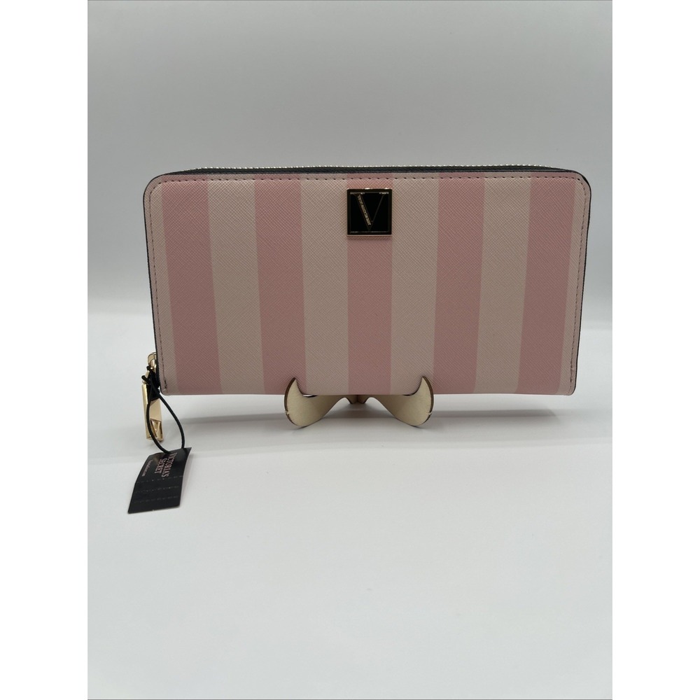 Victoria's Secret Wallet Zip Around Iconic Stripes Pink Coin Pouch Card Pockets